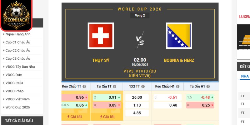 Soi Kèo Thụy Sĩ Vs Bosnia & Herz 02:00 Ngày 19/06 (Bảng B - World Cup) 2 Kèo châu Âu trận Thụy Sĩ vs Bosnia & Herz 02:00 ngày 19/06 (Bảng B - World Cup)